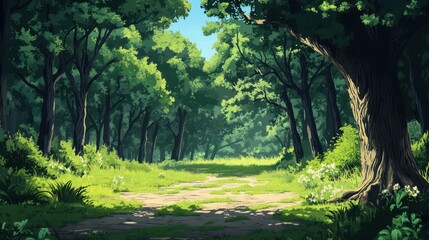 Obraz premium Sunlit Path Through Lush Green Forest Trees