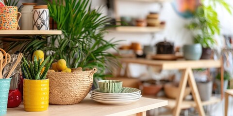 Fototapeta premium Vintage thrift shop filled with colorful treasures and retro decor, neutral background, soft lighting