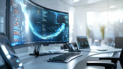 Fototapeta premium Modern Office Workspace with Futuristic Computer Technology Display