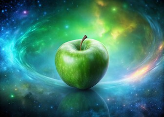 Surreal Green Apple Floating in Ethereal Space, Vibrant Colors, Dreamlike Fantasy