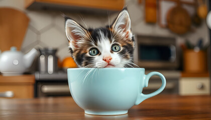 There is a cat sitting in a cup on a table 4k background wallpaper