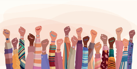 Illustration with group of diverse women raising fists. Diversity - inclusion - equality - girl power or empowerment concept. International women s day. Banner copy space