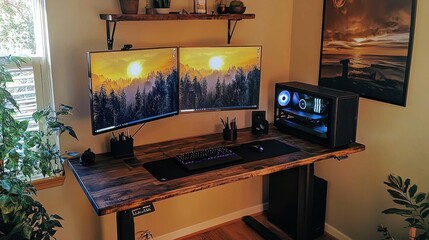 Modern Home Office Setup with Dual Monitors and Elegant Decor