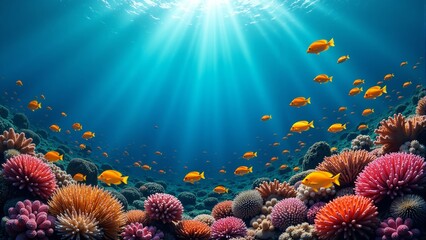 Fototapeta premium Underwater paradise with vibrant corals and schooling fish in tropical ocean