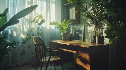 Cozy Home Office with Plants and Natural Light in Bright Room