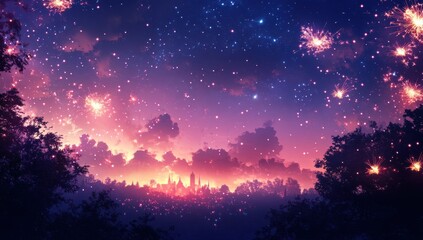 Enchanting Night Sky with Vibrant Fireworks and Sparkling Stars Over a Scenic Horizon Silhouette at Dusk