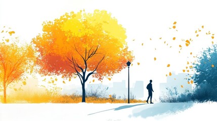 Serene Autumn Walk in a Colorful Park with Falling Leaves