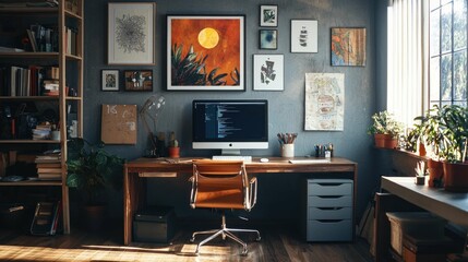 Cozy Home Office with Modern Decor and Green Indoor Plants