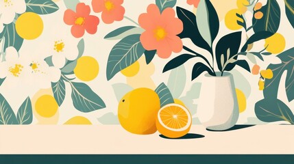 Fototapeta premium Still life featuring oranges flowers and a vase