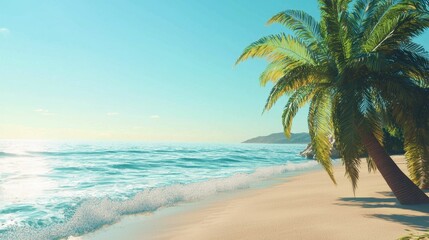 Obraz premium Serene Tropical Beach with Palm Tree and Clear Ocean Waters