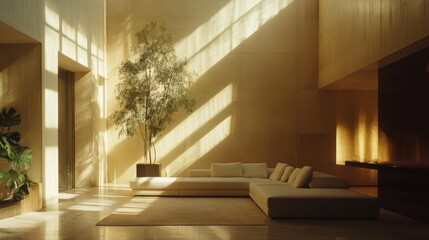 Modern minimalist living room with spacious sofa and sunlit interior