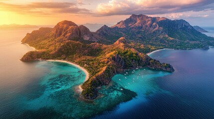 Scenic Aerial View of Tropical Island with Vibrant Blue Waters
