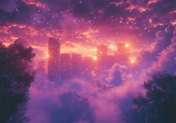 Fototapeta premium Ethereal Cityscape at Sunset with Vivid Colors and Dreamy Clouds Lighting Up a Skyline in a Surreal Purple and Orange Atmosphere