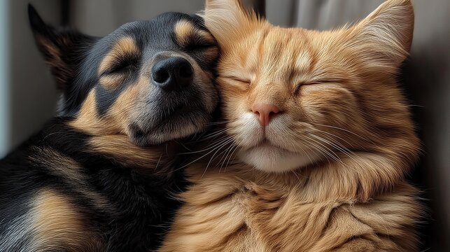 Cute dog embracing ginger cat sleeping together on National Pet Day