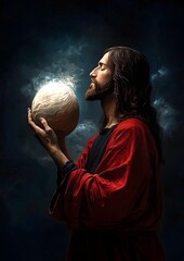 Naklejka premium A reverent representation of Jesus Christ gently embracing a heart that glows with a sacred mystical aura executed in a refined classical oil painting style that conveys a sense of timeless