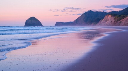 Fototapeta premium Serene Ocean Sunset with Waves and Rocky Outcrop on Beach