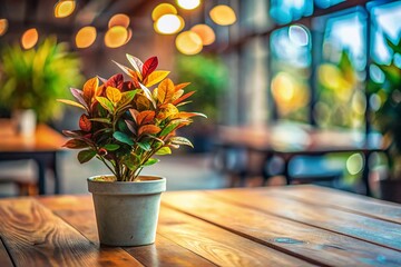 Fototapeta premium Surreal Potted Plant on Wooden Table, Modern Interior Blurred Background - Stock Photo