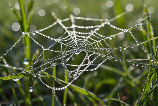 close-up of dew drops on a spider web in a field