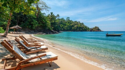 Fototapeta premium Relaxing Beachfront Scene with Lounge Chairs on Tropical Shoreline