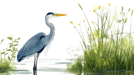 Grey Heron wading, wetland plants, tranquil water, nature illustration, wildlife poster