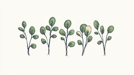Hand-drawn green plants, botanical illustration, white background, design element