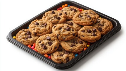Delicious chocolate chip cookies on a tray with colorful candy accents