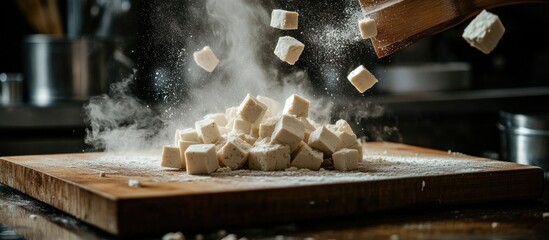 Culinary artistry:  White cubes falling onto a wooden board, creating a cloud of flour dust.  A stunning display of dynamic food photography.