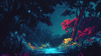 Enchanting Night Forest Path Illuminated By Stars