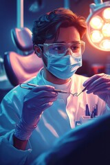 Dentist in a Protective Mask Conducting an Examination Under Bright Lighting