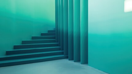 Obraz premium Minimalist teal staircase and walls create a modern abstract interior design
