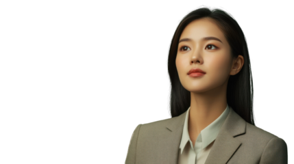Businesswoman looking up with transparent background: contemplative expression