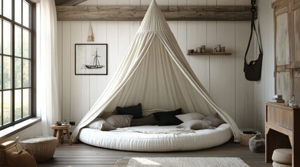 Round bed canopy, rustic room, sunlight, calm