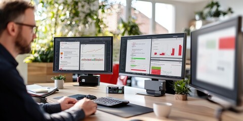 Dynamic data analytics dashboard with real-time machine learning insights displayed on multiple screens in an office environment