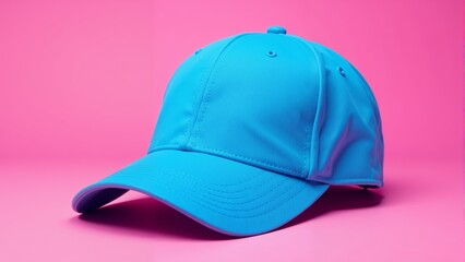 Fototapeta premium Bright blue cap resting on a vibrant pink background in a playful arrangement
