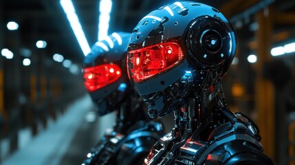 Fototapeta premium Futuristic robots with red eyes in a high-tech industrial setting