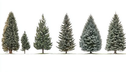 Fototapeta premium Diverse Evergreen Trees in Various Shapes and Sizes on Snowy Ground