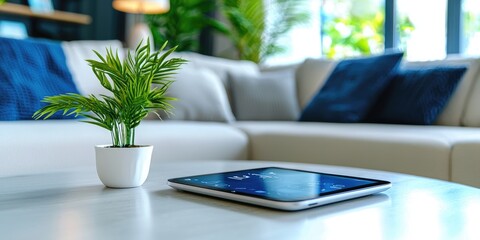 Fototapeta premium Technology integration in a modern smart home, showcasing smart devices interacting seamlessly in a cozy living room