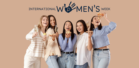 Group of young women with champagne and pizza on beige background. Hen Party