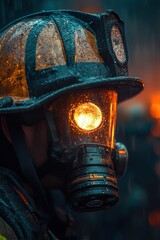 Fototapeta premium Close-up of firefighter's helmet and breathing mask under dramatic lighting
