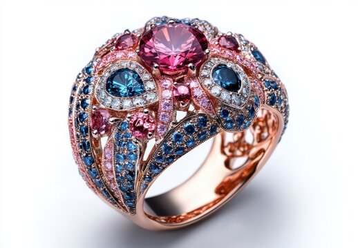 Exquisite rose gold ring adorned with colorful gemstones, featuring intricate design and sparkling diamonds, perfect for jewelry enthusiasts and collectors