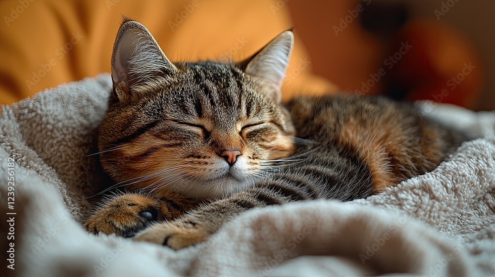 Poster Cozy cat resting peacefully on a soft blanket in warm, inviting indoor space during a quiet afternoon