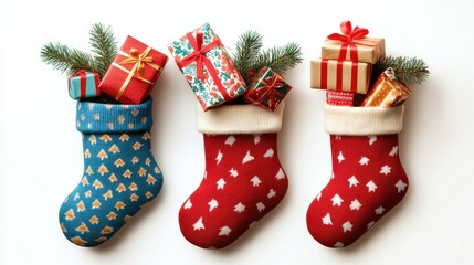 Three festive christmas stockings filled with wrapped gifts and greenery on white background