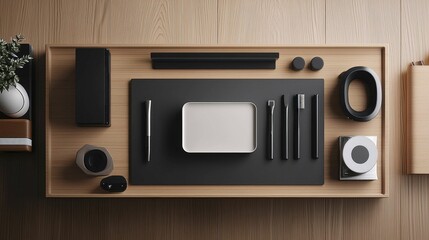 Obraz premium Minimalist Desk Setup with Elegant Accessories and Stylish Layout