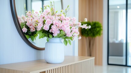 Modern Home Entryway with Wooden Sideboard and Floral Arrangement - Elegant modern interior, light wood tones, pink flowers in a white vase,  clean lines, stylish home decor, peaceful atmosphere.