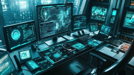 Obraz premium Futuristic Control Room with Technology and Data Visualization Screens