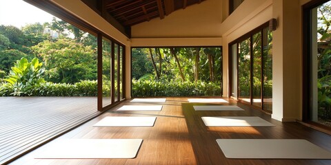 Fototapeta premium Tranquil yoga space featuring serene backgrounds, wooden floors, yoga mats, and gentle ambient lighting