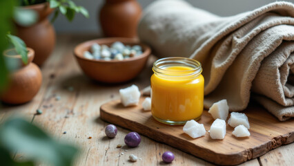 A table setting with a jar of beef tallow surrounded by various kitchen elements like sugar cubes, spices, and pottery.