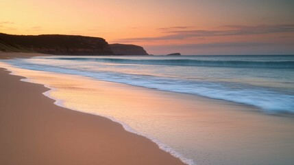 Fototapeta premium Tranquil Sunset Over a Serene Beach with Gentle Ocean Waves