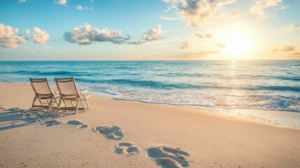 Tranquil Beach Sunset with Empty Chairs and Gentle Ocean Waves