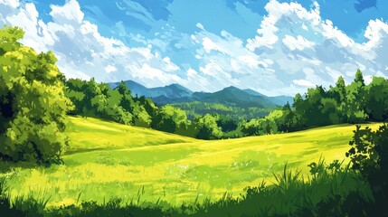 Obraz premium Sunny Meadow Landscape With Rolling Green Hills